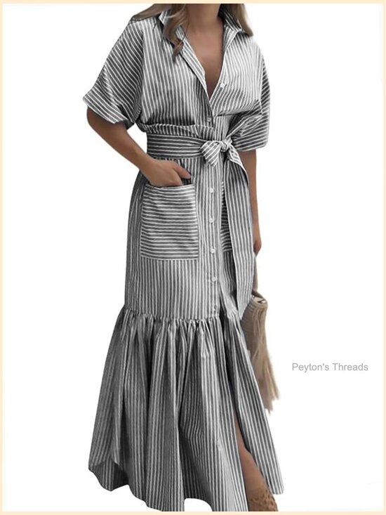 Dresses & Skirts - Striped Button Down Maxi Dress with Belt Pockets Short Sleeve A-Line Cotton